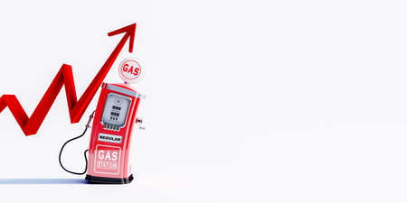 High gas price. Red arrow goes up with gas station on white background 3D Rendering, 3D Illustrationの写真素材