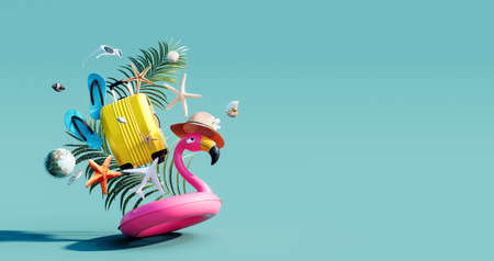 Pink flamingo inflatable belt with summer accessories on turquoise blue background 3D Rendering, 3D Illustrationの写真素材