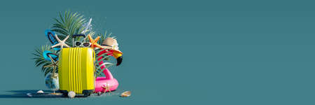 Yellow travel luggage with pink flamingo and summer accessories on green background 3D Rendering, 3D Illustrationの写真素材