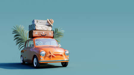Orange retro car with luggage on the roof ready for summer travel 3D Rendering, 3D Illustration