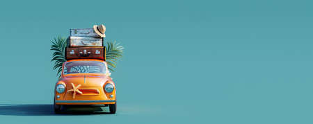 Front view of orange retro car with luggage on the roof ready for summer vacation 3D Rendering, 3D Illustrationの写真素材