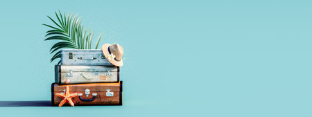 Stacked luggage with palm leaf on turquoise blue background 3D Rendering, 3D Illustrationの写真素材