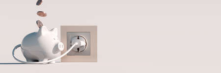 Piggy bank plugged into electrical outlet. Power saving concept background. 3D Rendering, 3D Illustrationの写真素材