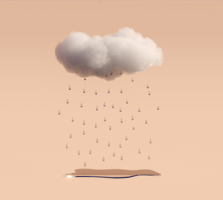 Cloud with rain drops on coral pink background 3D Rendering, 3D Illustrationの写真素材