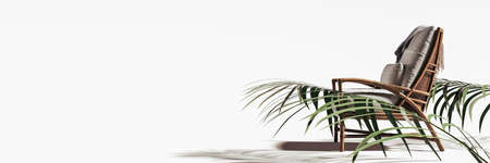 Bamboo armchair with palm leaves on white background 3D Rendering, 3D Illustrationの写真素材