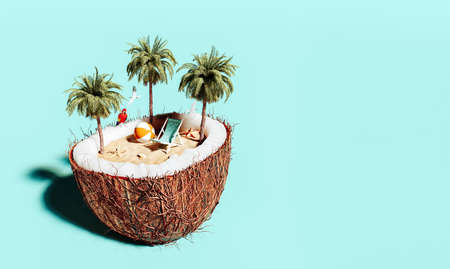 Summer concept background. Half of coconut with beach chair and palm trees 3D Rendering, 3D...