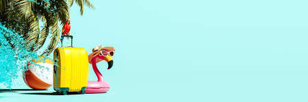 Yellow luggage with pink flamingo and palm tree on turquoise blue background. Summer travel concept. 3D Rendering, 3D Illustrationの写真素材