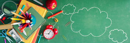 Back to school concept with copy space on green chalkboard background 3D Rendering, 3D Illustrationの写真素材