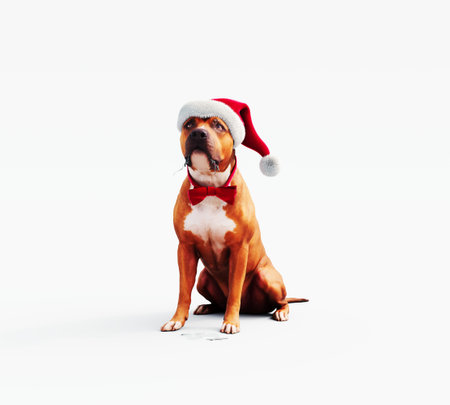 Dog in santa hat sitting on the floor isolated on white backgroundの写真素材