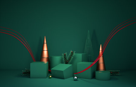 Minimalist Christmas background with podiums and Christmas tree. 3D rendering.の写真素材