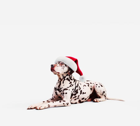 Cute Dalmatian dog in santa hat on white backgroundの写真素材