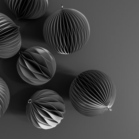 3d render of black christmas balls on a gray background.の写真素材