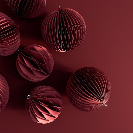 3d render of christmas baubles on a red backgroundの写真素材