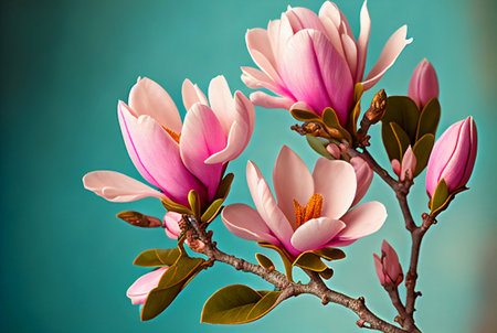 Beautiful pink magnolia flowers on blue background. Illustrationの写真素材