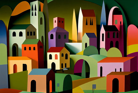 Colorful houses in a paper cut style. 3D illustration.の写真素材