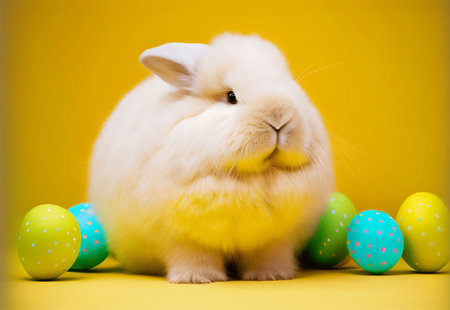 Cute white rabbit with easter eggs on a yellow background.の写真素材