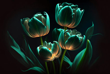 Tulip flowers on a dark background. 3D illustration.の写真素材