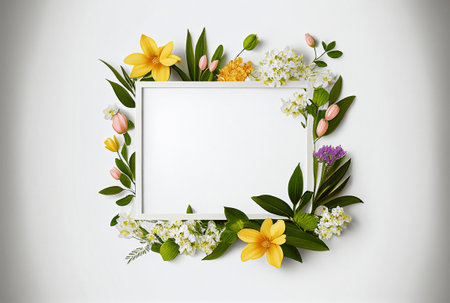 Spring flowers and leaves frame on white background. Flat lay, top viewの写真素材