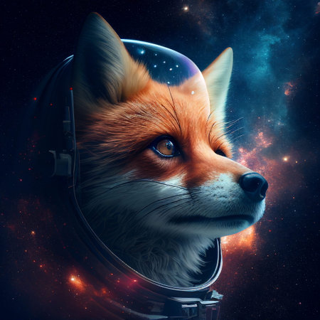 Red fox in spacesuit. Space background.