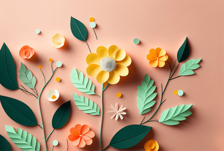 Creative layout made of paper flowers and leaves. Flat lay. Nature concept.の写真素材