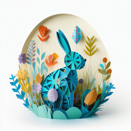 Easter egg with rabbit and flowers on white background. 3d illustrationの写真素材