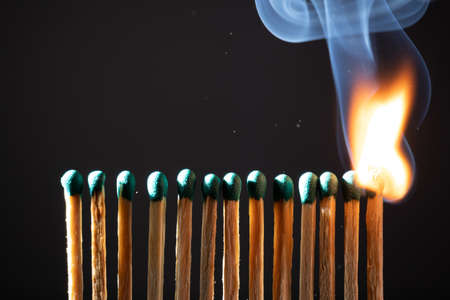 Line of matches without distance where they are lit one by one spreading the fire. The COVID-19...