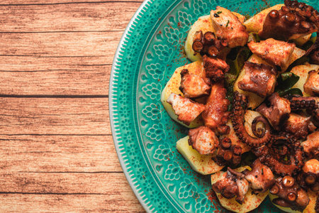 Turquoise plate with Galician octopus on a wooden table.