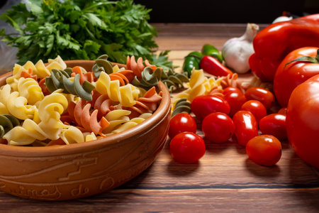 Terracotta bowl with tricolor fusilli pasta and cherry and round tomato, chili peppers, garlic and parsley. Food raw material concept. 45 degree angle.の写真素材