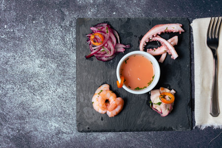 Peruvian Ceviche served in a signature cuisine. The separate ingredients highlighting each of them. Concept new cuisine.の写真素材