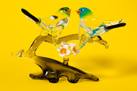 Pair of glass birds on a gray glass branch made in Murano, Italy. Yellow background.の写真素材