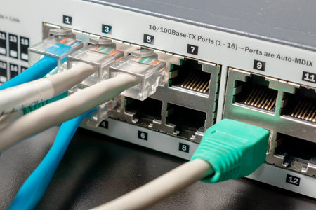 Network switch and UTP ethernet cables. Concept Telcommunication technology.