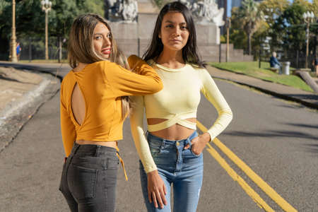 Young beauty friends modeling on vacation day