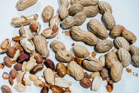 A peeled peanuts and in their shell on a white surface.の写真素材