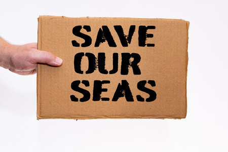 A Cardboard poster with an ecological legend on a white background. Hand holds the sign from the...