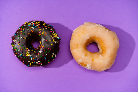 Two Donuts covered with chocolate and sprinkles next to another covered with icing on a purple surface.の写真素材