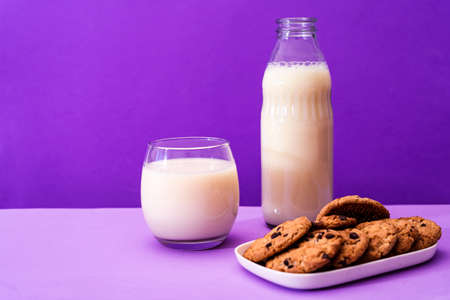 Glass bottle and large glass with milk and some sweet chocolate chip cookies in a purple or violet...