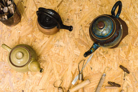 A handmade ceramic kettles or teapotsの写真素材