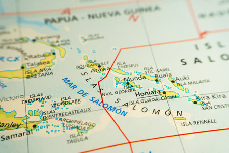 Orographic map of the Solomon Islands in the southwest Pacific. With references in English. Concept...