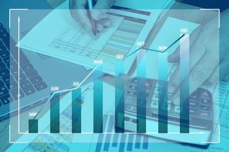 A Man watching the evolution of merchandise stocks. Graph on printout with histogram and line graph....