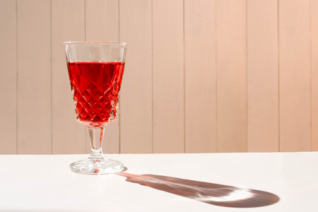 A Glass of an exquisite red cocktail on a white surface. Normal view, horizontal orientation. Copy space.の写真素材