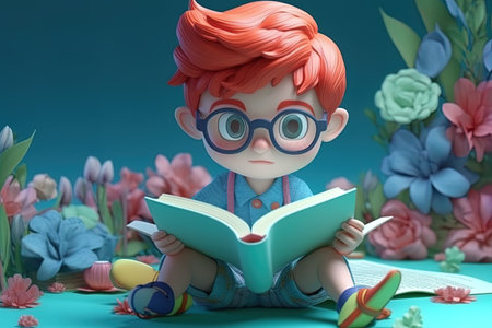 nice red-haired boy with glasses reading a book. 3d generated. AIの素材