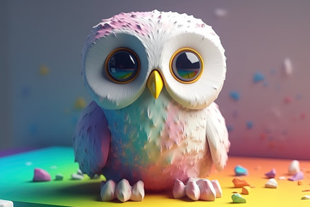 ACharming white child-style owl illuminated with multicolored lights. Generated with ai.の素材