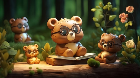 Teddy bear and his bear friends walking through the forest. 3d generated. AIの素材
