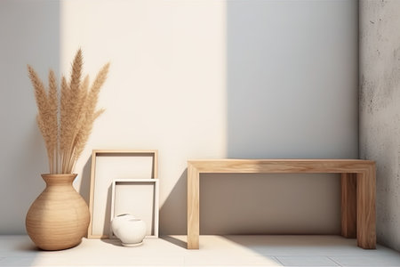 Stylish and modern boho interior of living room with mock up photo frames. Generative AI.の素材