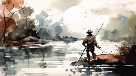 Illustration of a fisherman fishing on the river. generative AI,の素材