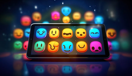 Emojis around mobile phone, smart phone messaging with emoticons 3d renderingの素材