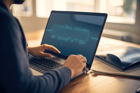 Hands of a person working on his laptop checking the status of the network.Generative AI.の素材
