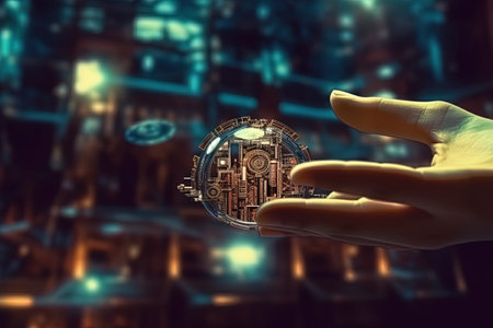 Hand of a scientist holding a round hologram with the city in the background. 3D renderingの素材