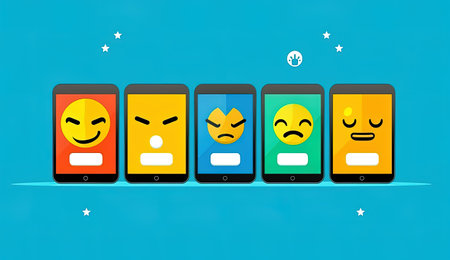 Emojis around mobile phone, smart phone messaging with emoticons 3d renderingの素材