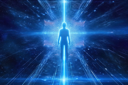3d illustration of man standing in space with light rays and blue backgroundの素材